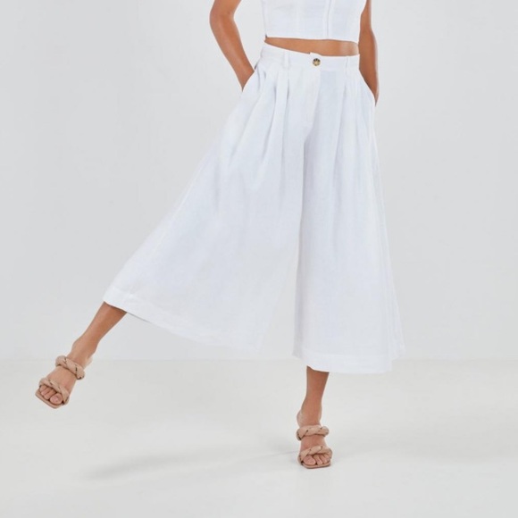 BCBGMaxAzria Maelyn Wide Leg Linen Crop Pants Palazzo White XS 25 - Picture 13 of 17